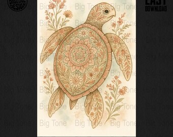 Estampado floral de mandala de tortuga: arte de pared costero bohemio (descarga digital)
