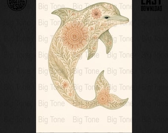 Lámina artística de delfines florales: decoración botánica para habitación infantil (descarga digital)