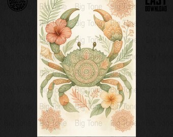 Impresión artística de acuarela de mandala de cangrejo: temática oceánica floral bohemia (descarga digital)