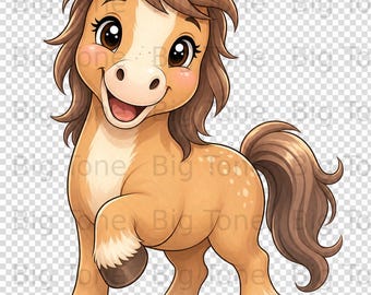 Niedliches Baby Pferd Digital Art PNG Clipart, entzückendes Cartoon Pony für Kinderzimmer Dekor, Kinder Party Grafik, Bauernhof Tier Download