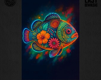 Impresión artística de peces tropicales neón: Ilustración de mandala floral (descarga digital)