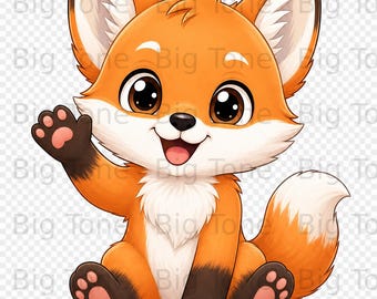 Süße Baby Fuchs Winken Clipart Digital Download | Kawaii Waldtiere Kinderzimmer Kunst | Sofortige herunterladbare Datei für Kids Decor, Scrapbooking