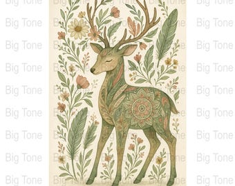 Impresión de acuarela de ciervo floral: Ilustración botánica caprichosa (descarga digital)