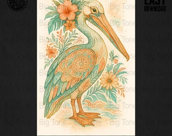 Impresión de pelícano en acuarela: arte floral bohemio de aves (descarga digital)