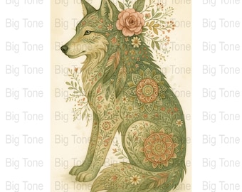 Impresión artística de acuarela de lobo floral: Decoración bohemia de animales (descarga digital)