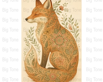 Impresión floral de zorro: arte de pared bohemio con animales (descarga digital)
