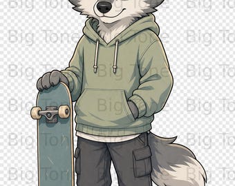 Skater Wolf PNG Digital Download für Streetwear Art, Cooler Wolf auf Skateboard Grafik, ästhetischer Tiercharakter Design