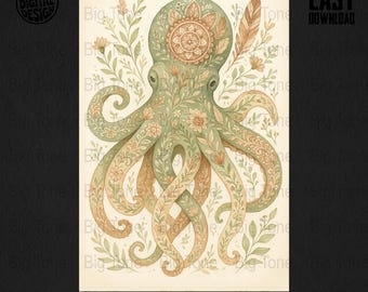 Impresión de acuarela de pulpo floral: Arte mural bohemio de vida marina (descarga digital)