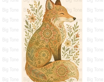 Impresión de acuarela de zorro floral: Ilustración botánica animal (descarga digital)
