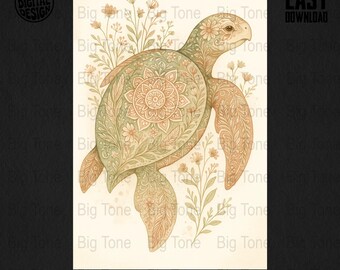Impresión artística de tortuga marina floral: diseño de mandala en acuarela (descarga digital)