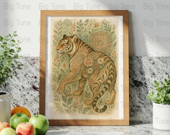 Impresión de acuarela de tigre: arte de mandala floral (descarga digital)