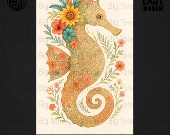 Arte digital floral de caballito de mar, estampado de hipocampo con mandala bohemio, ilustración de animales marinos en acuarela, decoración de pared con criaturas marinas exóticas