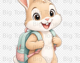 Kawaii Kaninchen mit Rucksack Digital Clip Art PNG, süße glückliche Kaninchen Illustration, Zurück zur Schule Sublimationsdesign Download