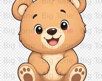 Süßer Teddy Bär Clipart Digital Download für Kinderzimmer & Baby Shower lädt ein. Kawaii Bär PNG, lächelnde Cartoon-Tiergrafik, Kinderhandwerk