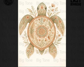 Impresión de tortuga marina en acuarela: Arte floral bohemio para guardería (descarga digital)