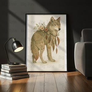 Wolf Digital Art Print, Floral Animal Design, Watercolor Wolf, Bohemian Decor, Wolf Illustration, Instant Download, Printable Art
