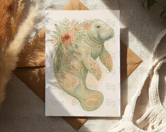 Impresión floral de manatí: Arte de acuarela de vaca marina (descarga digital)