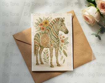 Impresión de acuarela de cebra floral: Ilustración bohemia de animales (descarga digital)