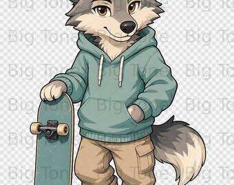 Jahr 7 zurück zur Schule Skater Wolf PNG Digital Download, cooler Wolf, niedliches Tier im Hoodie Sublimationsdesign, Urban Cartoon Wolf Kunstwerk