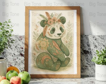 Impresión artística de acuarela de panda floral: Decoración bohemia para habitación infantil (descarga digital)