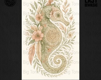 Arte digital de caballitos de mar, estampado floral de caballitos de mar, arte playero bohemio, arte mural de criaturas marinas, decoración costera para el hogar, arte imprimible, caballito de mar mandala