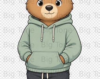 Süßer Bär Hoodie Digital PNG Clipart, Kawaii Teddybär Illustration, Chill Bear Grafik, gemütliche Tierdesign-Datei