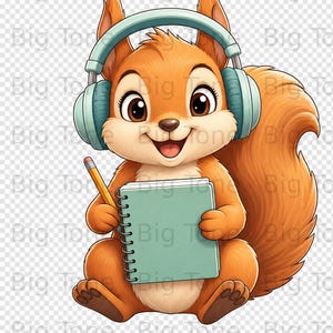 Könnte beinhalten: Ein Cartoon-Eichhörnchen mit orangefarbenem Fell, das einen türkisfarbenen Kopfhörer trägt und einen Bleistift und ein türkisfarbenes Notizbuch hält. Das Eichhörnchen lächelt und hat braune Augen. Das Bild hat einen transparenten Hintergrund.