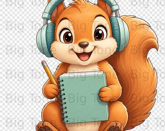Niedliches Eichhörnchen Digitale Kunst PNG, Glücklich Studieren Eichhörnchen Clipart, Gamer Tier Grafik, Geschenk für Studenten und Lehrer, wunderliche digitale Datei