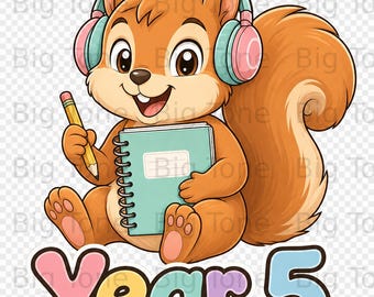 Süßes Eichhörnchen im 5. Jahr, digitaler Download PNG Clipart, Jahr 5 Schüler Back to School Design, Kinder Planer Aufkleber