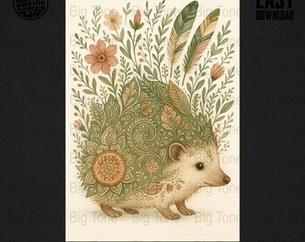 Impresión artística de erizo en acuarela: Ilustración floral animal (Descarga digital)