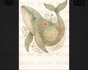 Impresión de acuarela de ballena floral: arte botánico de animales oceánicos (descarga digital)