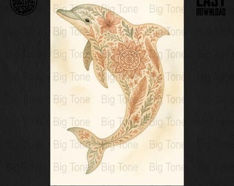Impresión floral de delfines: Arte mural bohemio con acuarela (descarga digital)