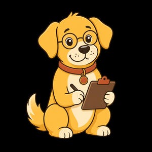 May include: A cartoon illustration of a golden-colored dog wearing round glasses and a brown collar with a circular tag. The dog is sitting upright, holding a brown clipboard in one paw and a black pen in the other, appearing to write notes.