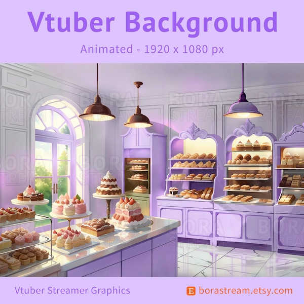 Arrière-plan animé Vtuber pour diffusion en direct | Fond violet Bakery Shop pour streamer Vtuber | Actifs lavande Vtuber