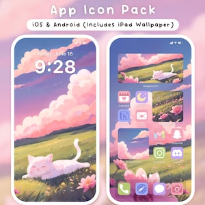 Kawaii Cat Phone Icon Pack, Spring Phone Theme, Pastel Phone icons, iOS phone iPad Wallpaper, Cute Android Icon Pack