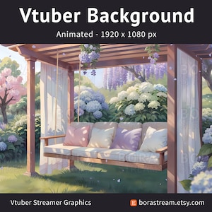 May include: Animated Vtuber background showing a wooden swing with pastel cushions in a garden filled with hydrangeas and wisteria. The image includes the text "Vtuber Background" and "Animated - 1920 x 1080 px".