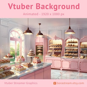 ライブストリーム用のアニメーション Vtuber 背景 | Vtuber ストリーマー用のピンクのベーカリーショップの背景 | ストロベリー Vtuber アセット