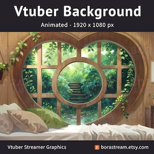 May include: Animated Vtuber background with a heart-shaped window overlooking a lush green garden. The scene includes a bed with pillows and a wooden dresser. The text "Vtuber Background" and "Animated - 1920 x 1080 px" are displayed at the top.