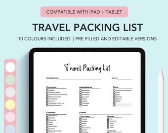 May include: A digital travel packing list displayed on a tablet screen with a stylus. The document features categories like Documents, Health, Electronics, and Clothes with checkboxes. A vertical color palette bar is shown on the left side.