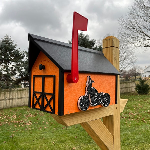 Motorcycle Mailbox Black and Orange Maintenance Free Gift for Biker or Motorcycle Lover Poly Material