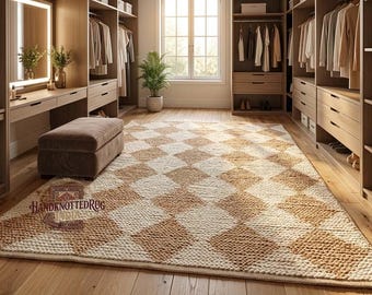 Natural Jute Diamond Area Rug, Handwoven Boho Flatweave Dhurrie for Modern Living Room Decor