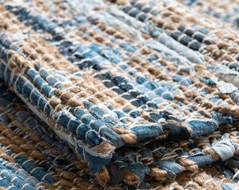 Denim Jute Handwoven Area Rug Modern Geometric Textured Farmhouse Rug