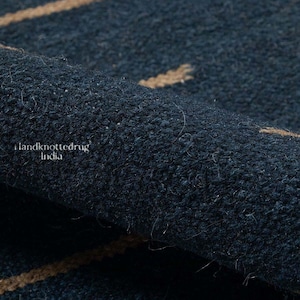 Navy Blue Wool Kilim Rug with Tribal Geometric Design Handmade Flatweave Rug