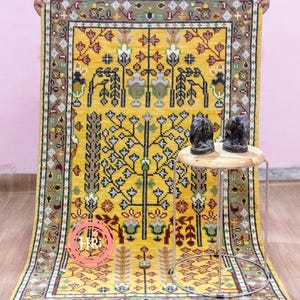 Yellow Tree of Life Wool Rug: Hand Knotted Turkish Design