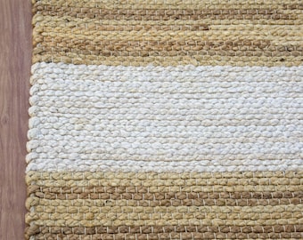 Natural White Braided Jute Rug, Boho Striped Area Rug, Handmade Neutral Bohemian Floor Decor