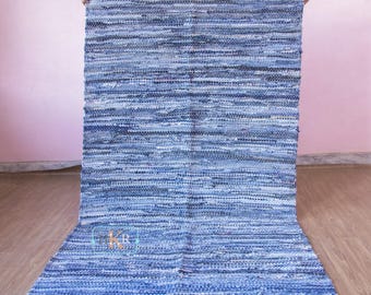 Handwoven Denim Rag Rug Eco Friendly Blue Striped Area Rug