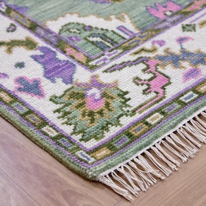 Green Purple High Quality Modern Oushak Rug Premium Wool Hand Knotted Turkish Inspired