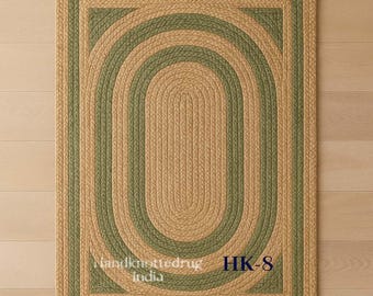 Green Handmade Braided Jute Rug Rectangle Eco Friendly Farmhouse Decor...Any Custom Size