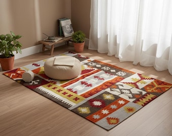 Alfombra Kilim de tejido plano del suroeste, tejida a mano, con diseño geométrico tribal en tonos tierra