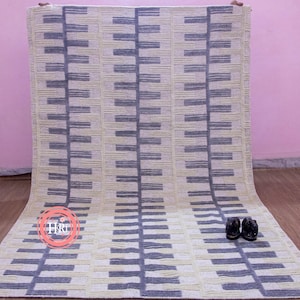Ivory Grey Moroccan Ribbed Rug Beni Ourain Berber Shag Boho Hand Knotted Wool Rug